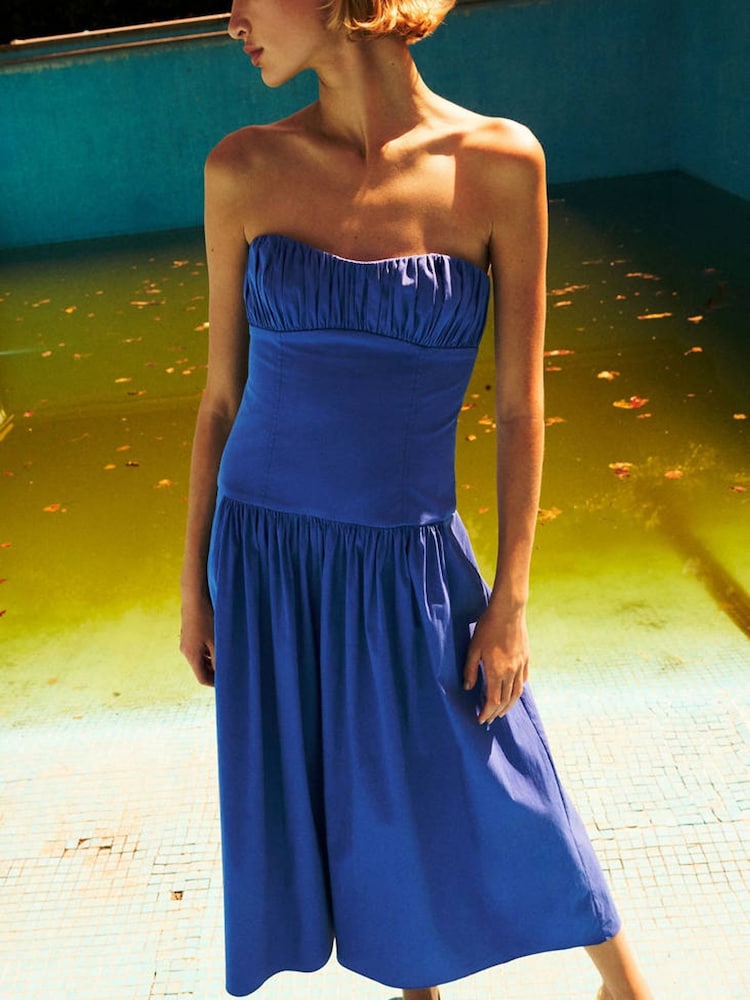 Mango Blue Strapless Ruched Detail Midi Dress - Image 1 of 7