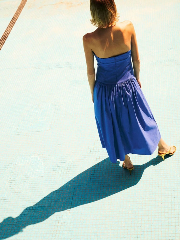 Mango Blue Strapless Ruched Detail Midi Dress - Image 2 of 7
