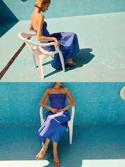 Mango Blue Strapless Ruched Detail Midi Dress - Image 3 of 7