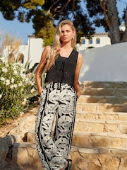 Black Border Print Wide Leg Trousers With Linen - Image 1 of 6