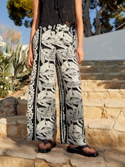 Black Border Print Wide Leg Trousers With Linen - Image 2 of 6