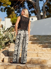 Black Border Print Wide Leg Trousers With Linen - Image 3 of 6