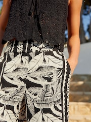 Black Border Print Wide Leg Trousers With Linen - Image 4 of 6