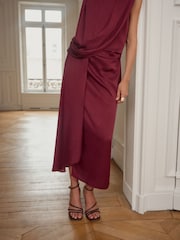 BHOEM Burgundy Red Satin Sleeveless Draped Midi Dress - Image 4 of 5