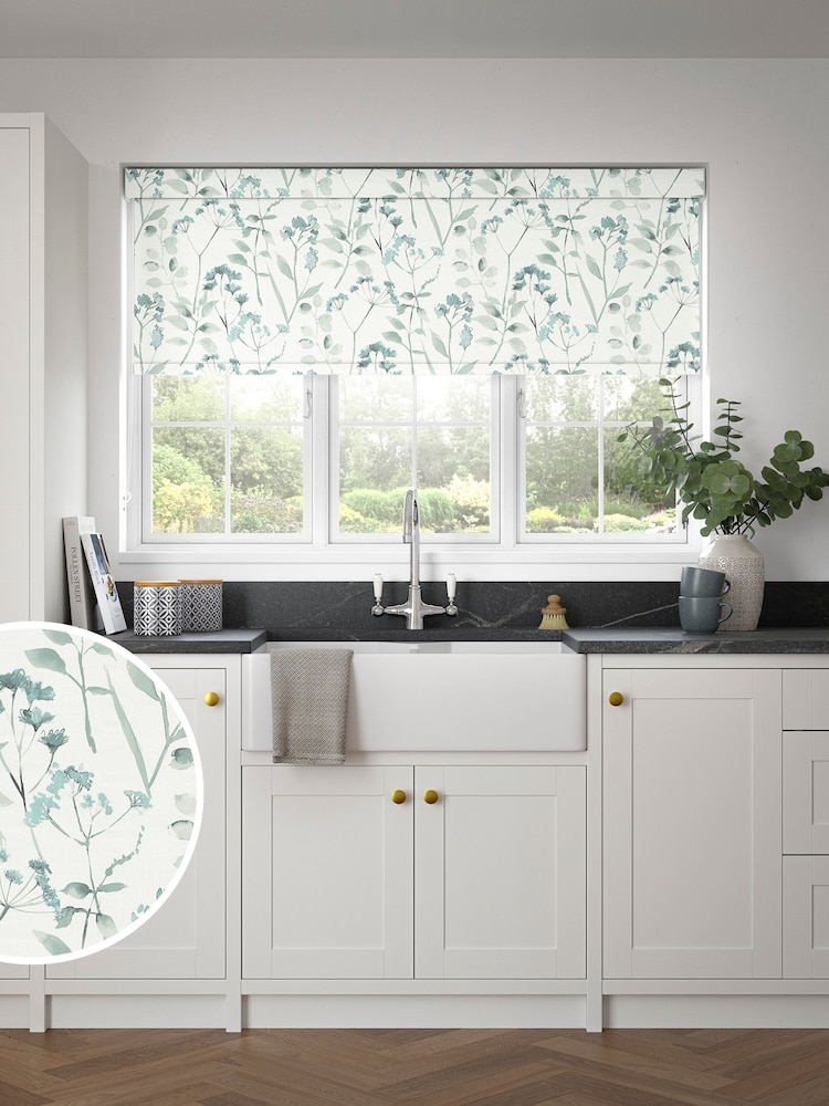 Duck Egg Blue Isla Floral Made to Measure Roller Blind - Image 1 of 6