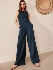 Marineblau/blau - Hose mit weitem Bein und Knopfverschluss, 100 % Leinen - Bild 1 von 4