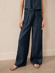 Marineblau/blau - Hose mit weitem Bein und Knopfverschluss, 100 % Leinen - Bild 2 von 4