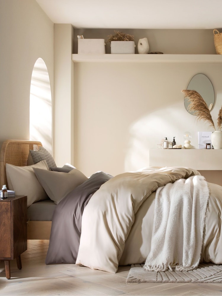 Natural Cotton Rich Plain Duvet Cover and Pillowcase Set - Image 3 of 10