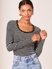 Lipsy Black White Long Sleeve Scallop Trim T-Shirt - Image 1 of 4