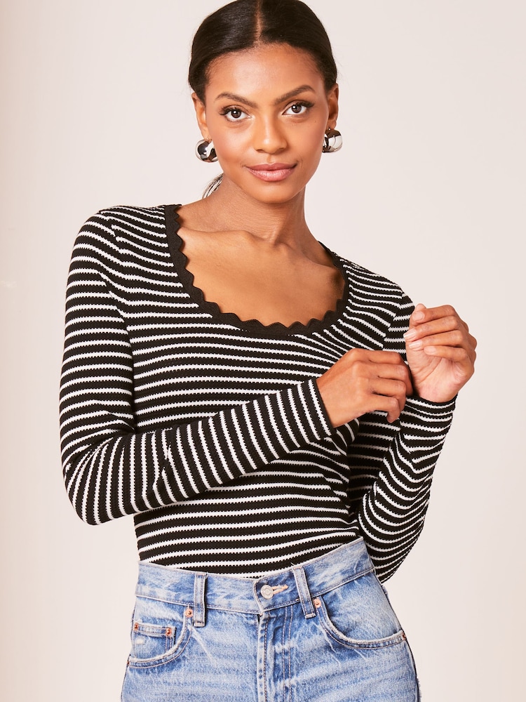 Lipsy Black White Long Sleeve Scallop Trim T-Shirt - Image 1 of 4
