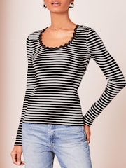 Lipsy Black White Long Sleeve Scallop Trim T-Shirt - Image 4 of 4