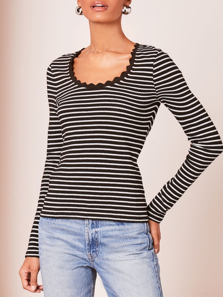 Lipsy Black White Long Sleeve Scallop Trim T-Shirt - Image 4 of 4