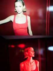 Mango Red Square Neck Midi Dress - Image 4 of 7