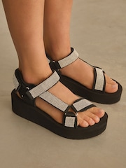 Black Bling Touch Fastening Strap Sandals - Image 3 of 10