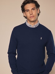 Navy Blue Mini Cable Crew Neck Regular Mock Shirt Jumper - Image 4 of 8