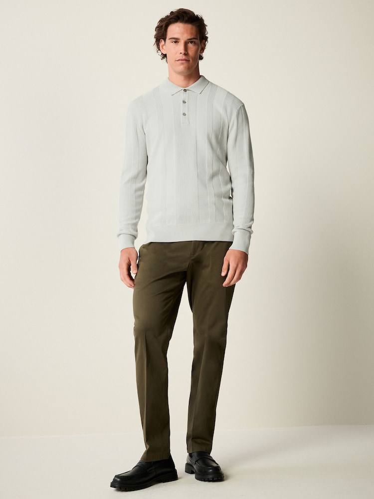 Grey Knitted Long Sleeve 100% Cotton Polo Shirt - Image 2 of 8
