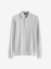 Grey Knitted Long Sleeve 100% Cotton Polo Shirt - Image 6 of 8