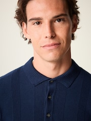Navy Blue Knitted Long Sleeve 100% Cotton Polo Shirt - Image 1 of 7