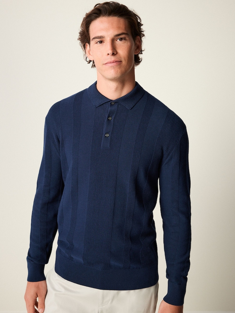 Navy Blue Knitted Long Sleeve 100% Cotton Polo Shirt - Image 2 of 7