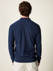 Navy Blue Knitted Long Sleeve 100% Cotton Polo Shirt - Image 3 of 7