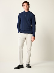 Navy Blue Knitted Long Sleeve 100% Cotton Polo Shirt - Image 4 of 7
