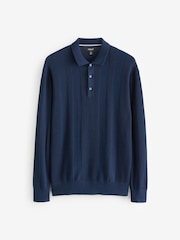 Navy Blue Knitted Long Sleeve 100% Cotton Polo Shirt - Image 5 of 7
