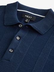 Navy Blue Knitted Long Sleeve 100% Cotton Polo Shirt - Image 6 of 7
