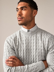 Grey Cable Gingham Crew Neck Regular 100% Cotton Mock Shirt Jumper - Image 1 of 7