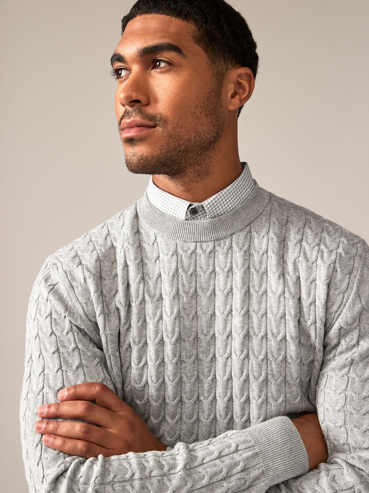 Grey Cable Gingham Crew Neck Regular 100% Cotton Mock Shirt Jumper - Image 1 of 7
