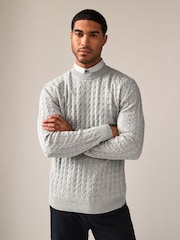 Grey Cable Gingham Crew Neck Regular 100% Cotton Mock Shirt Jumper - Image 2 of 7