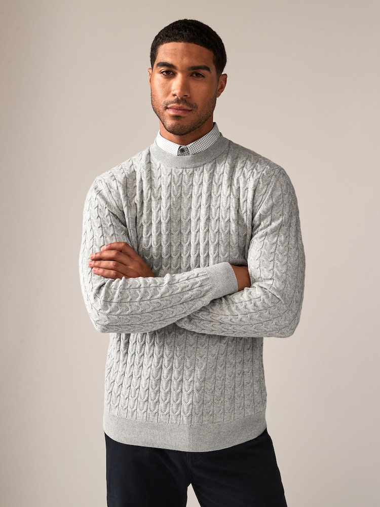Grey Cable Gingham Crew Neck Regular 100% Cotton Mock Shirt Jumper - Image 2 of 7