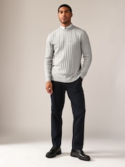 Grey Cable Gingham Crew Neck Regular 100% Cotton Mock Shirt Jumper - Image 3 of 7