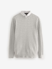 Grey Cable Gingham Crew Neck Regular 100% Cotton Mock Shirt Jumper - Image 5 of 7