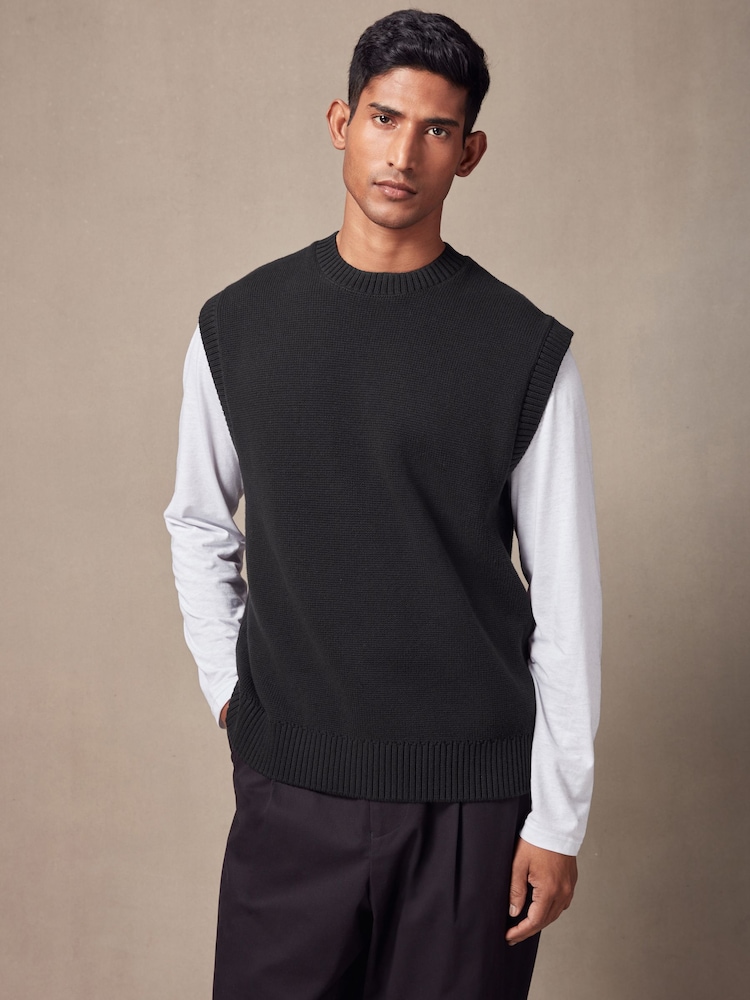 Black 100% Cotton Rib Crew Neck Knitted Tank - Image 1 of 7