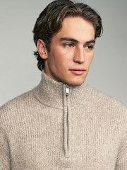 Ecru White Rib Relaxed Fit Premium Soft Touch Quarter Zip Jumper with Wool - Image 1 of 7