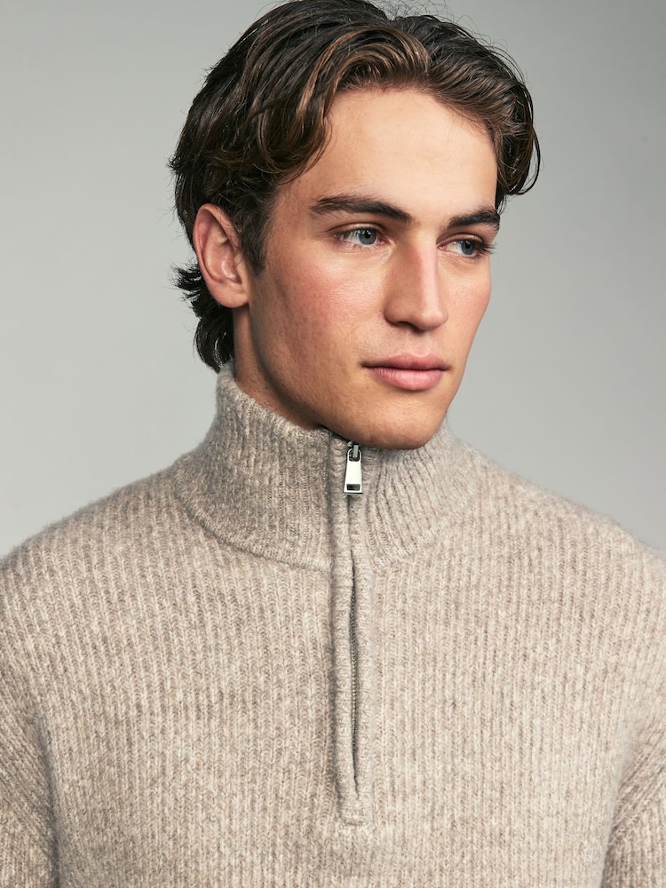 Ecru White Rib Relaxed Fit Premium Soft Touch Quarter Zip Jumper with Wool - Image 1 of 7