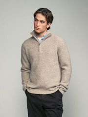 Ecru White Rib Relaxed Fit Premium Soft Touch Quarter Zip Jumper with Wool - Image 4 of 7