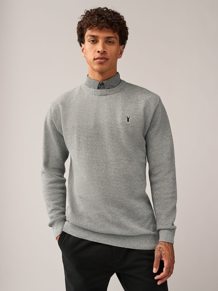 Grey Gingham Crew Neck Regular 100% Cotton Mock Shirt Jumper - Image 2 of 7