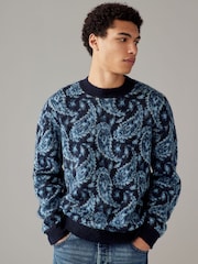 Blue Paisley Relaxed Fit Paisley Pattern Crew Jumper with Wool - Image 1 of 8