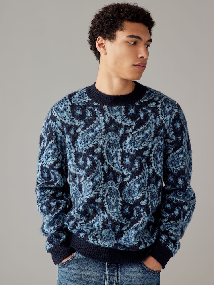 Blue Paisley Relaxed Fit Paisley Pattern Crew Jumper with Wool - Image 1 of 8