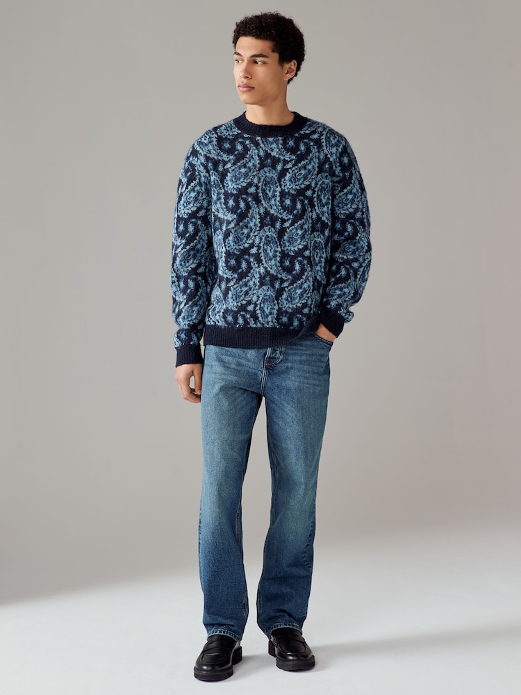 Blue Paisley Relaxed Fit Paisley Pattern Crew Jumper with Wool - Image 2 of 8