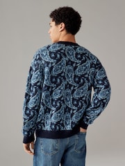 Blue Paisley Relaxed Fit Paisley Pattern Crew Jumper with Wool - Image 3 of 8