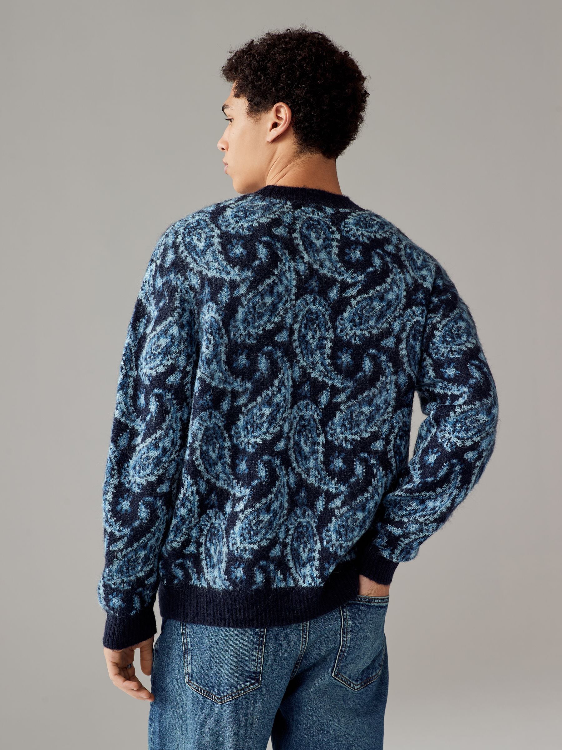 Buy Blue Paisley Relaxed Fit Paisley Pattern Crew Jumper with Wool