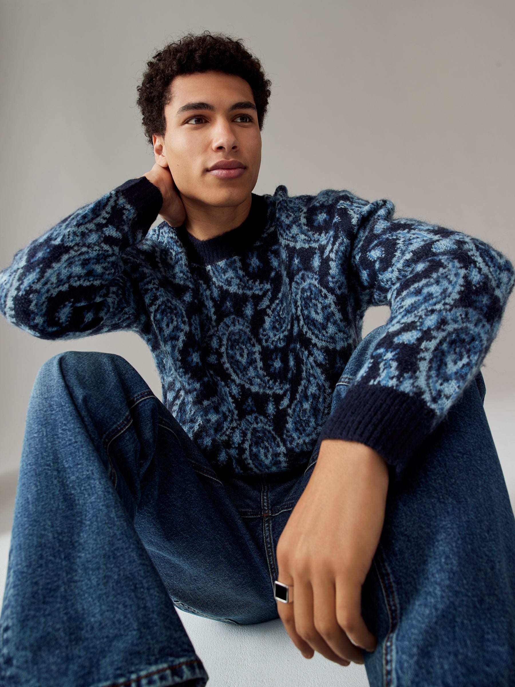 Buy Blue Paisley Relaxed Fit Paisley Pattern Crew Jumper with Wool