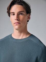 Slate Blue 100% Cotton Rib Texture Crew Jumper - Image 1 of 8