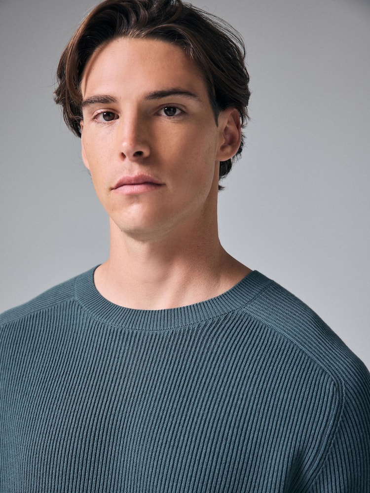 Slate Blue 100% Cotton Rib Texture Crew Jumper - Image 1 of 8
