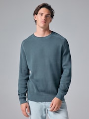 Slate Blue 100% Cotton Rib Texture Crew Jumper - Image 3 of 8
