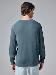 Slate Blue 100% Cotton Rib Texture Crew Jumper - Image 4 of 8