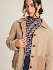 Joules Sadie Tan Brown Button Up Borg Fleece Jacket - Image 1 of 7