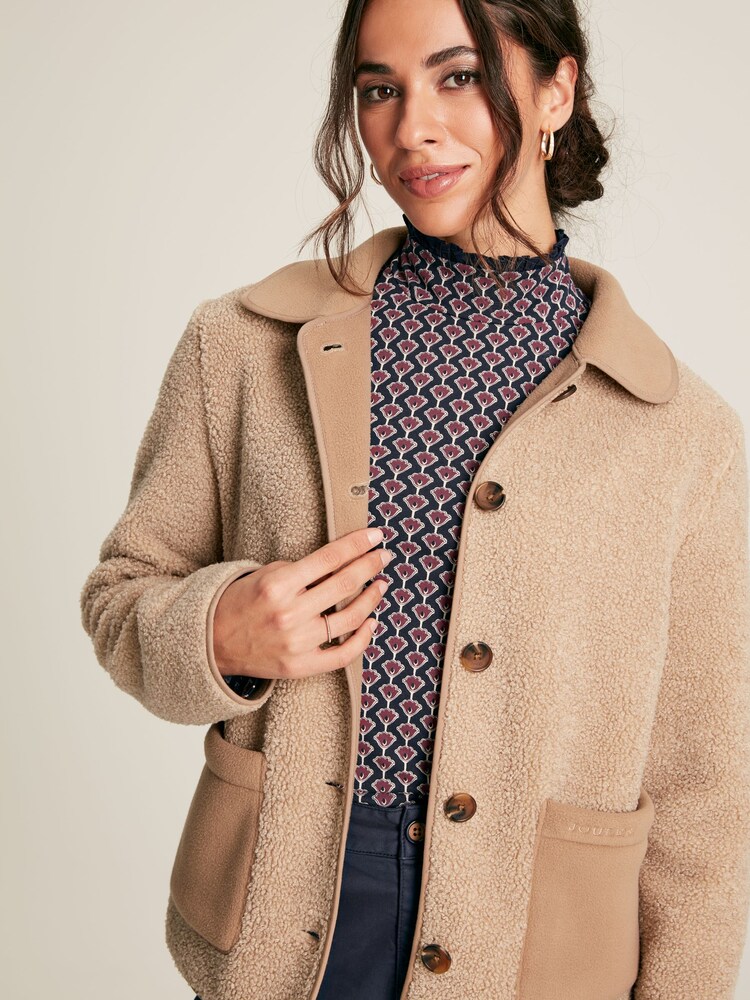 Joules Sadie Tan Brown Button Up Borg Fleece Jacket - Image 1 of 7